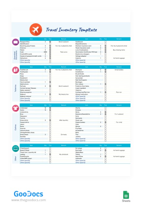 Travel Inventory With Checklist — Free Google Sheets Template Image 13