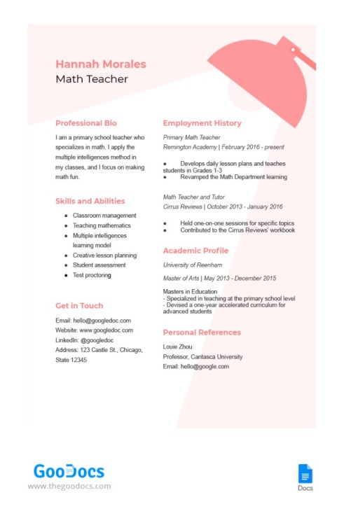 resume template for teachers google docs