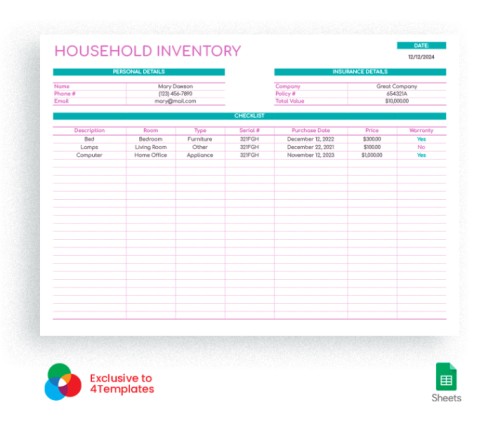 Pure Style Household Inventory — Free Google Sheets Template Image 11