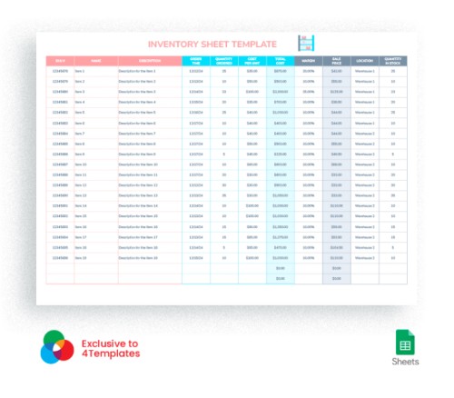 Free Bright Inventory Google Sheets Template Image 2